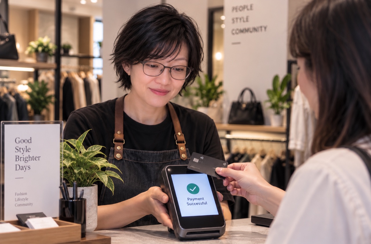 The Seven7 merchant at her boutique counter, accepting a contactless card payment